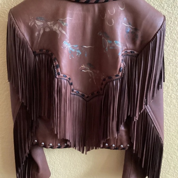 Patricia Wolf handpainted leather fringe jacket indian ponies wearable art $795 - Picture 3 of 7
